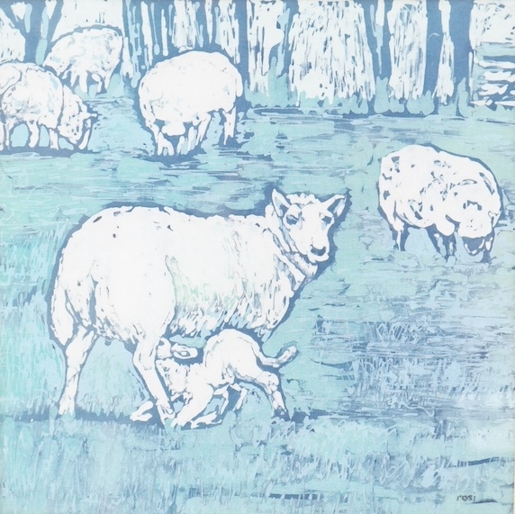 Rosi Robinson, print on fabric, Sheep grazing, signed, 24 x 24cm. Condition - good